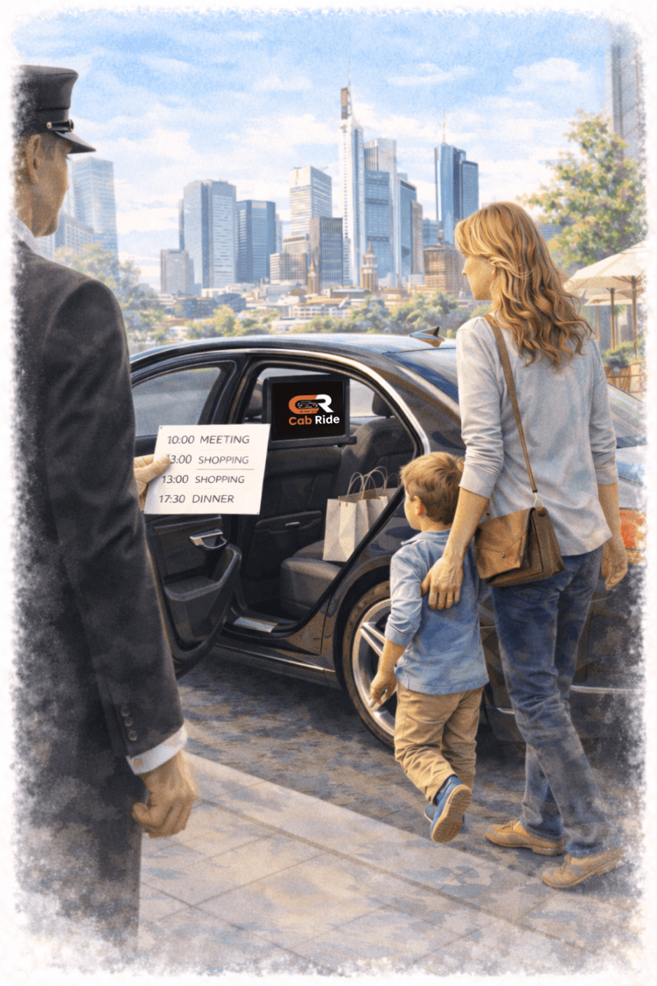 Passenger seated inside a chauffeur-driven car at the airport pickup area