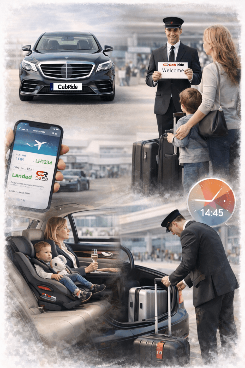 Passenger seated inside a chauffeur-driven car at the airport pickup area